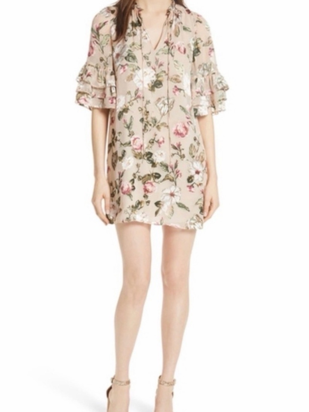 Alice + Olivia Blush Floral Tie-Neck Ruffle Sleeve Mini Dress
